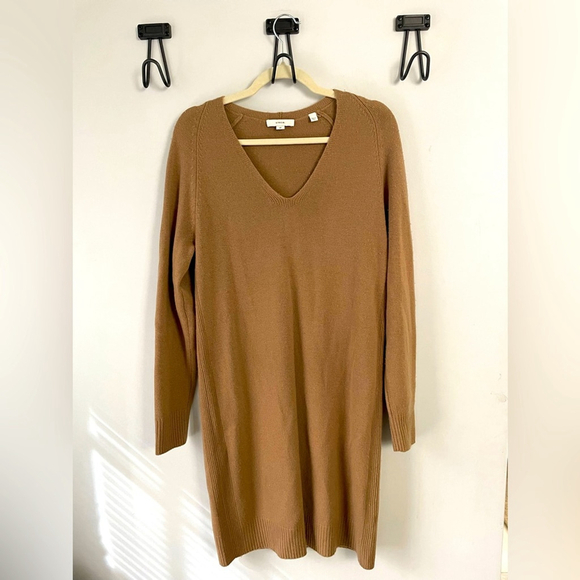 Vince., Small, camel color wool and cashmere v-neck sweater dress, long sleeve - Picture 1 of 7